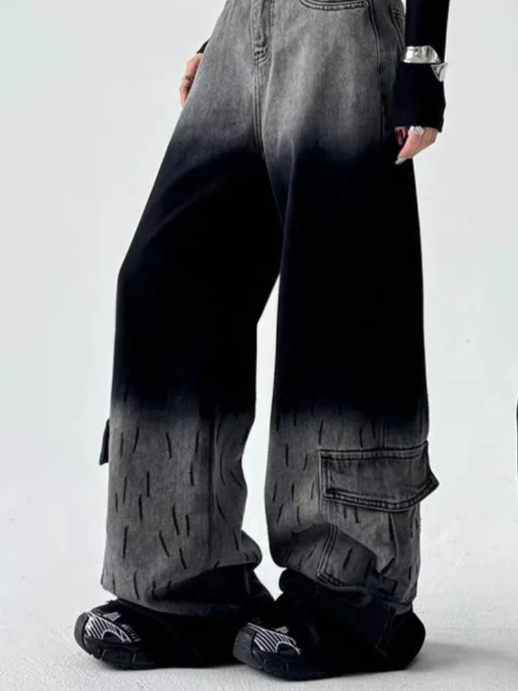 Vintage Black Grey Baggy Wide Jeans