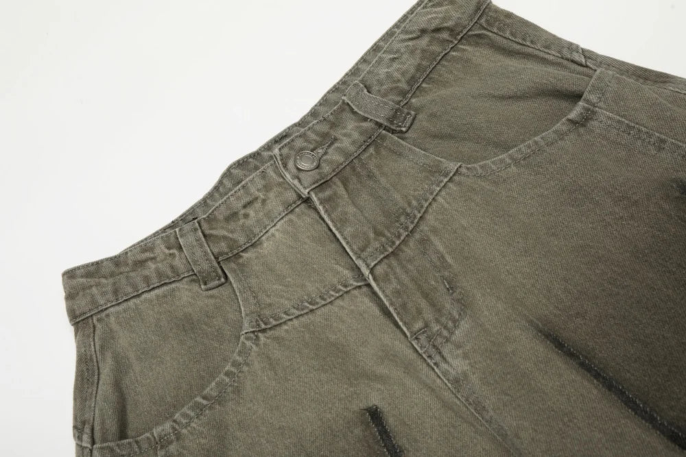 Vintage Pleated Spliced Distressed Wide Leg Jeans