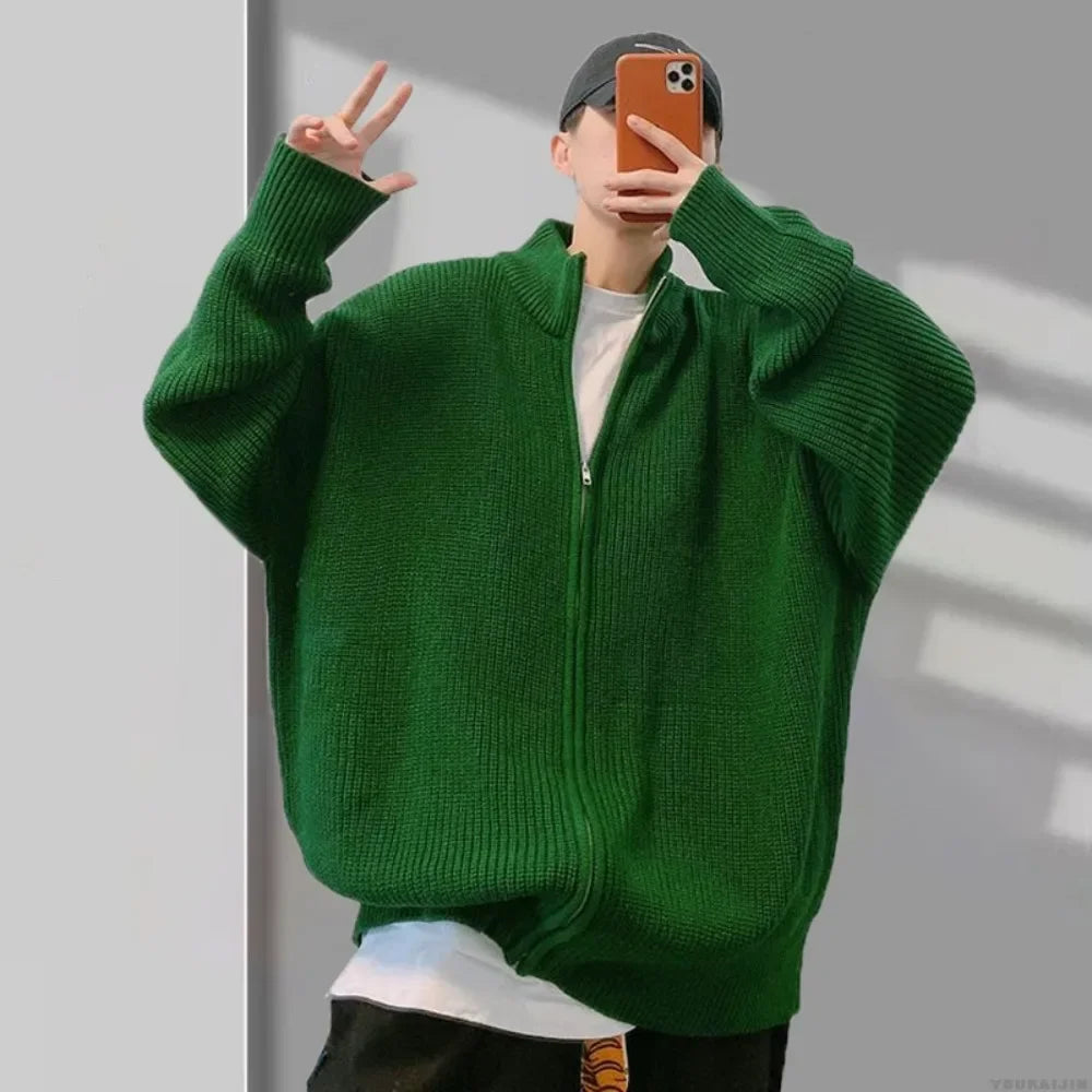 Y2K Green Knit Collared Zip-Up Sweater