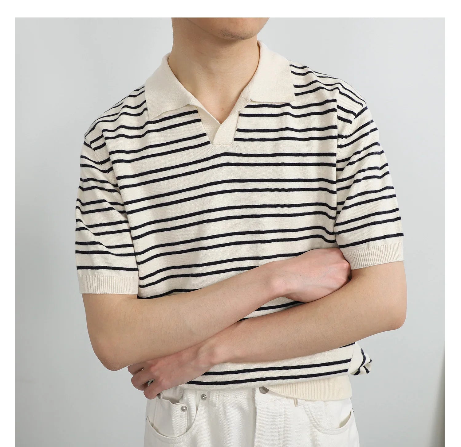 Herren Komfort Luxus Gestricktes Gestreiftes Polo-T-Shirt