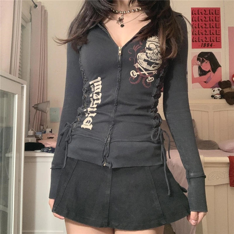 Xingqing Grunge Punk Gothic Zip-Up Sweatshirt