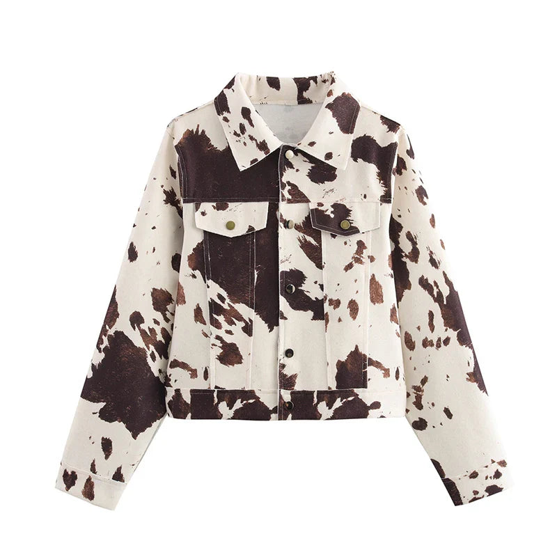 Vintage Printted Cow Long Sleeve Button Jacket