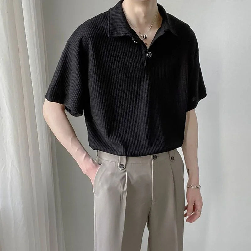 Camiseta polo clásica de color liso con botones estilo coreano