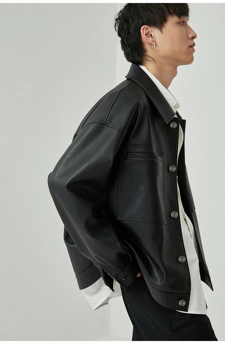 Brown And Black Oversized Faux Leather Jacket