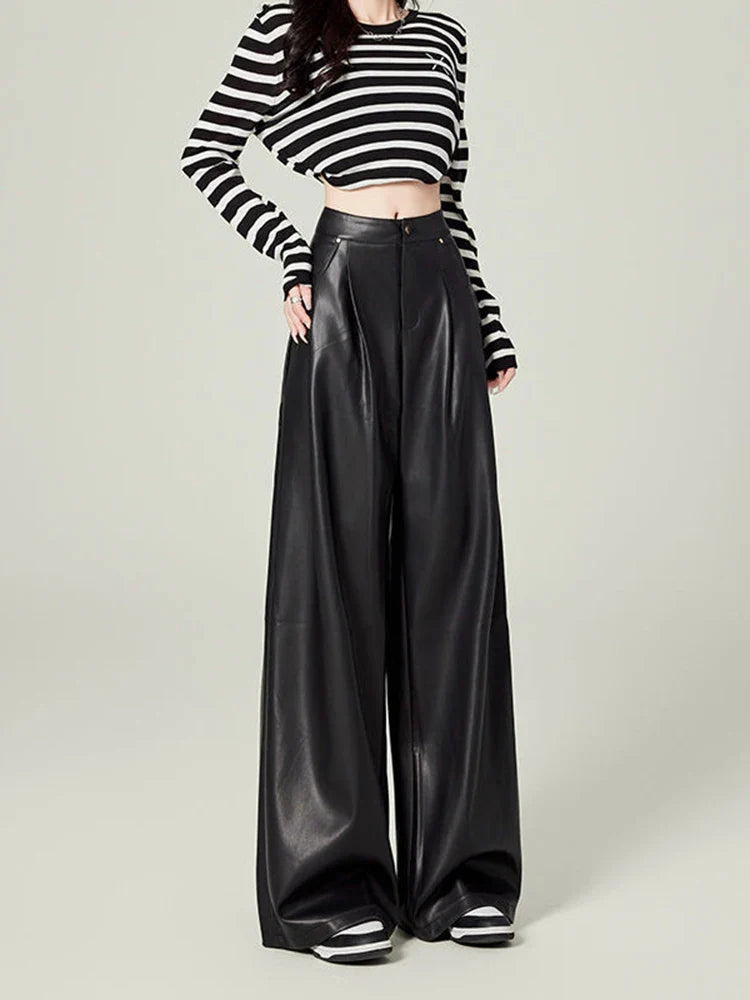Stylish High Waist Drape Leather Pants