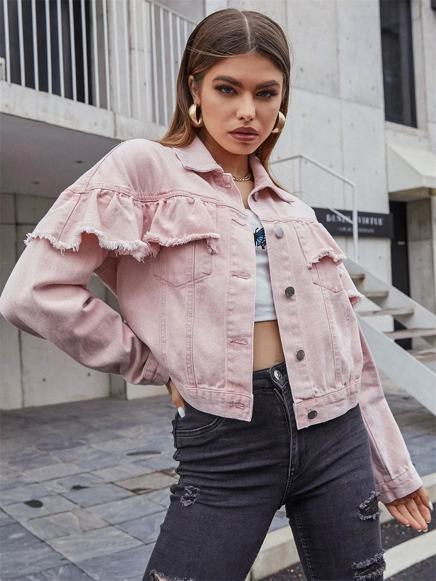Vintage Raw Trim Ruffle Denim Jacket