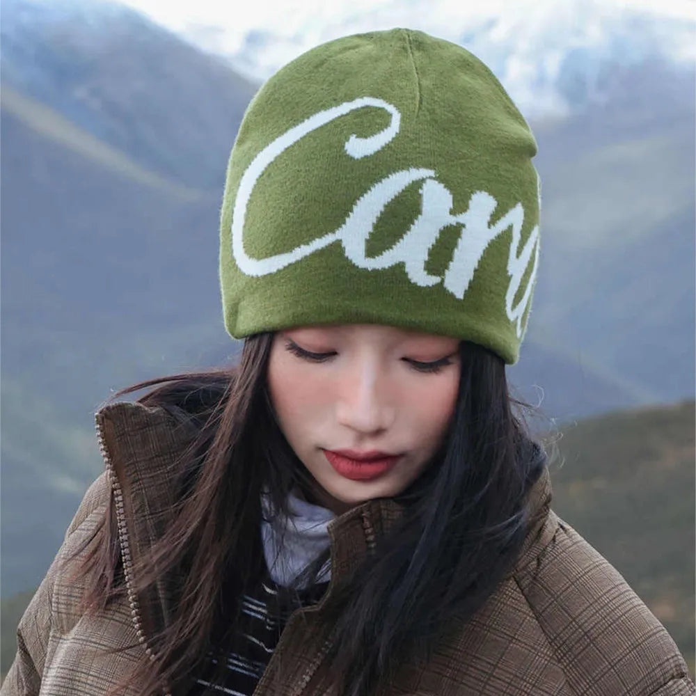 Black Wool Jacquard Letter Beanie Hat