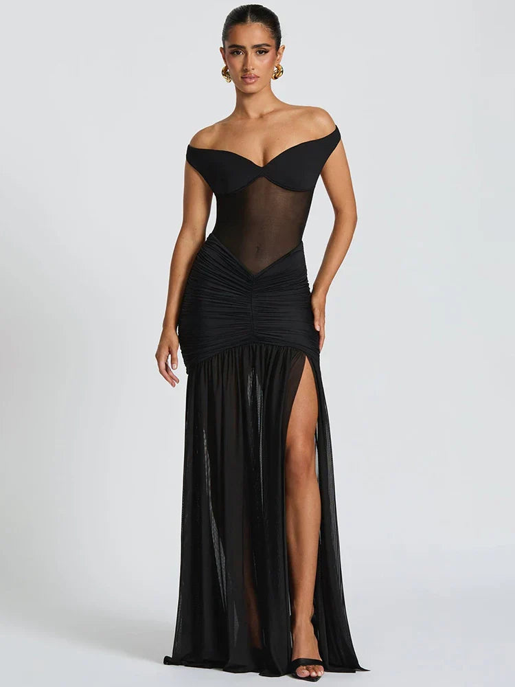 Elegant Mesh Ruched Maxi Dress