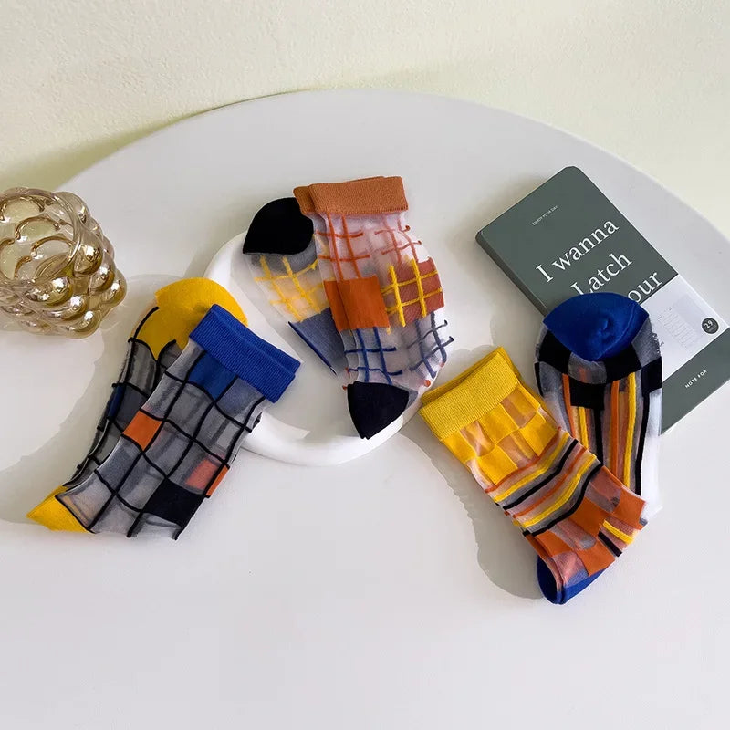 Colorful Plaid Crystal Silk Summer Socks