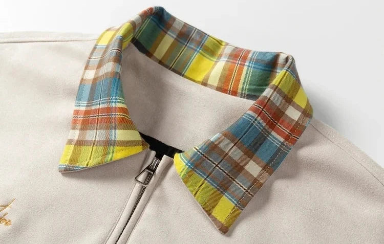 Trendy Fashionable Embroidered Suede Plaid Jacket