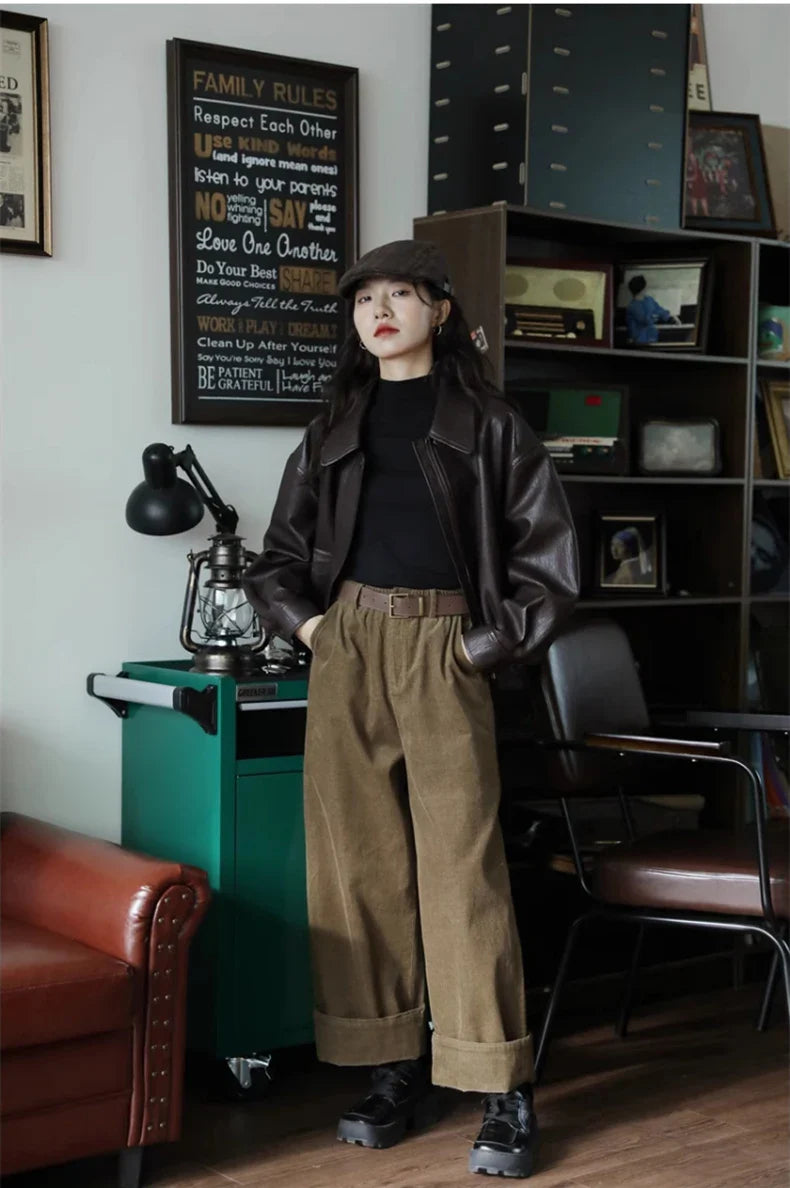 Classic Brown Handsome Short PU Leather Jacket