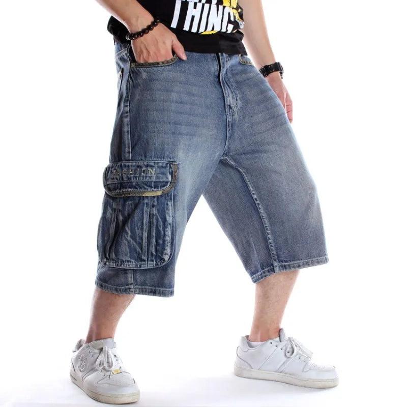 Gewassen denim Jorts met meerdere zakken