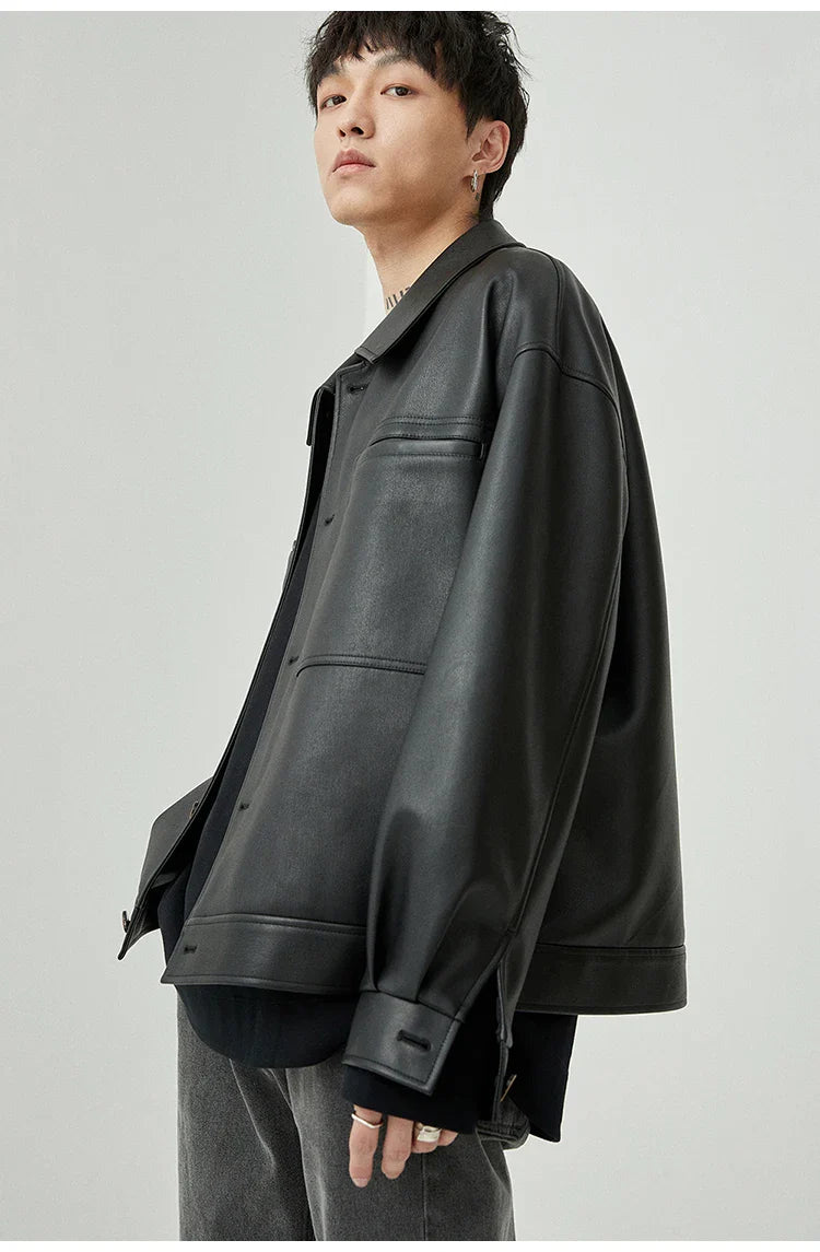 Brown And Black Oversized Faux Leather Jacket