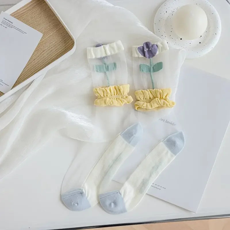 Retro Transparent Crystal Silk Crew School Socks
