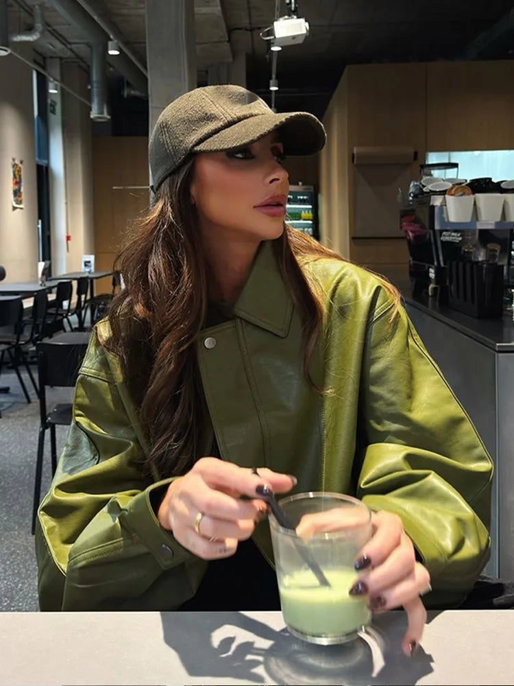 Veste en cuir PU verte décontractée chic à col à revers pour femme