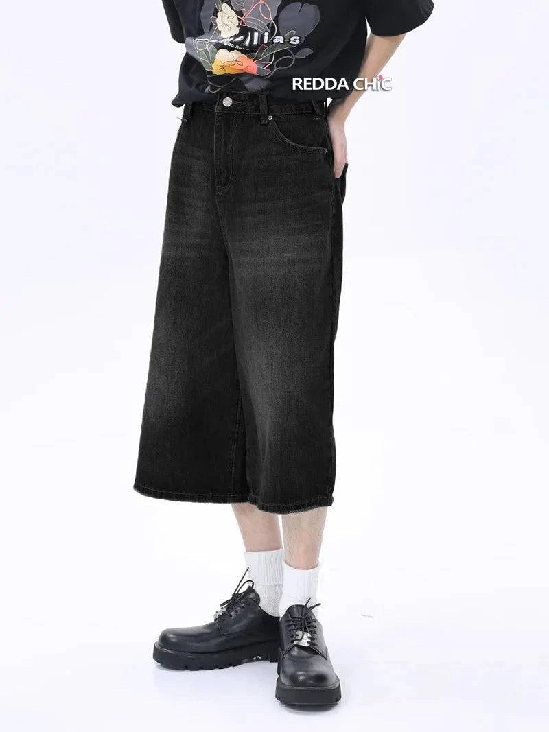 Black Retro Distressed Whiskers Denim Jorts