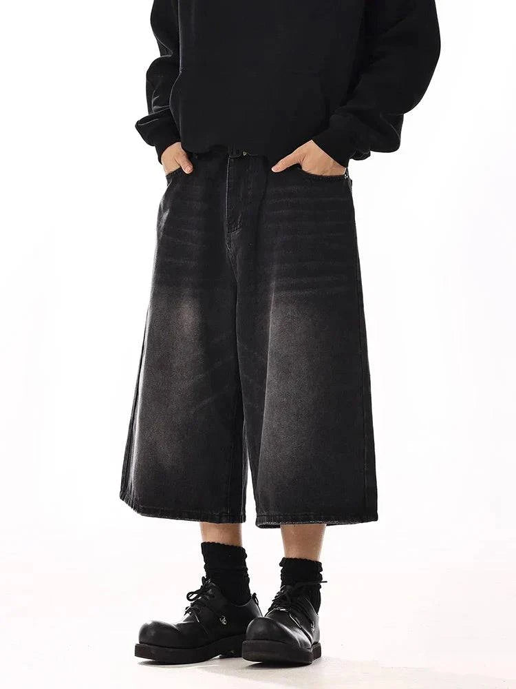 Men Black Wide Leg Cleanfit Denim Jorts