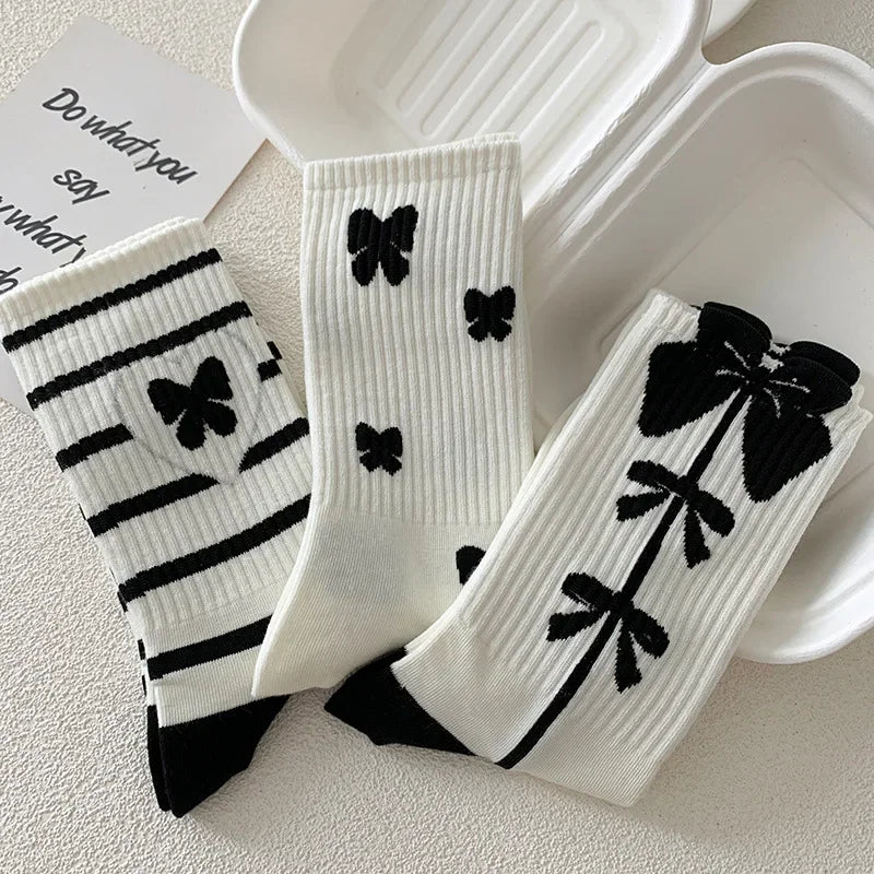 Stylish Black White Strawberry Long Socks