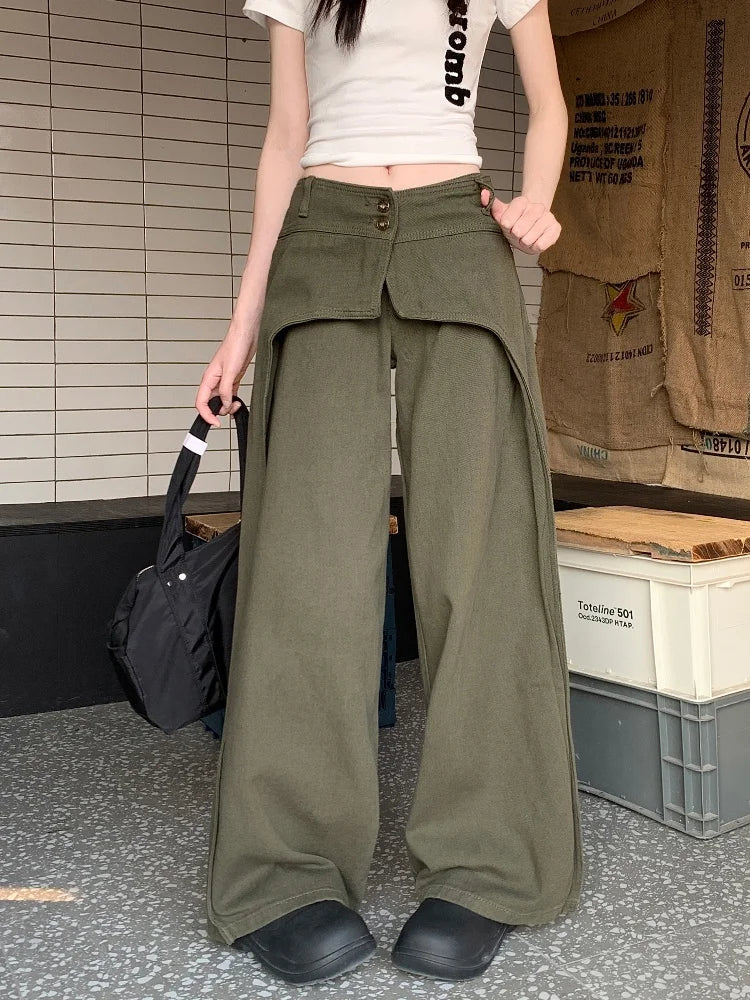 Vintage Army Green Patchwork Baggy Jeans