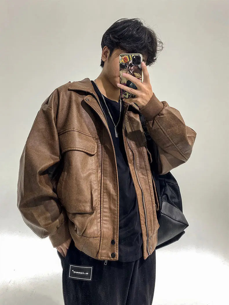 Classic Retro Distressed PU Leather Jacket