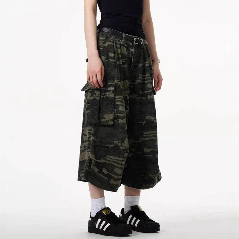 Jorts en jean à jambe large camouflage