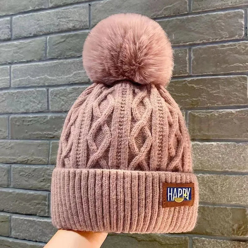 Winter Thick Fur Ball Knitted Beanie