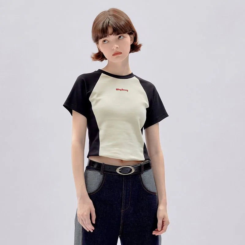 Streetwear Retro Vintage Korean Style Slim Patchwork T-Shirt