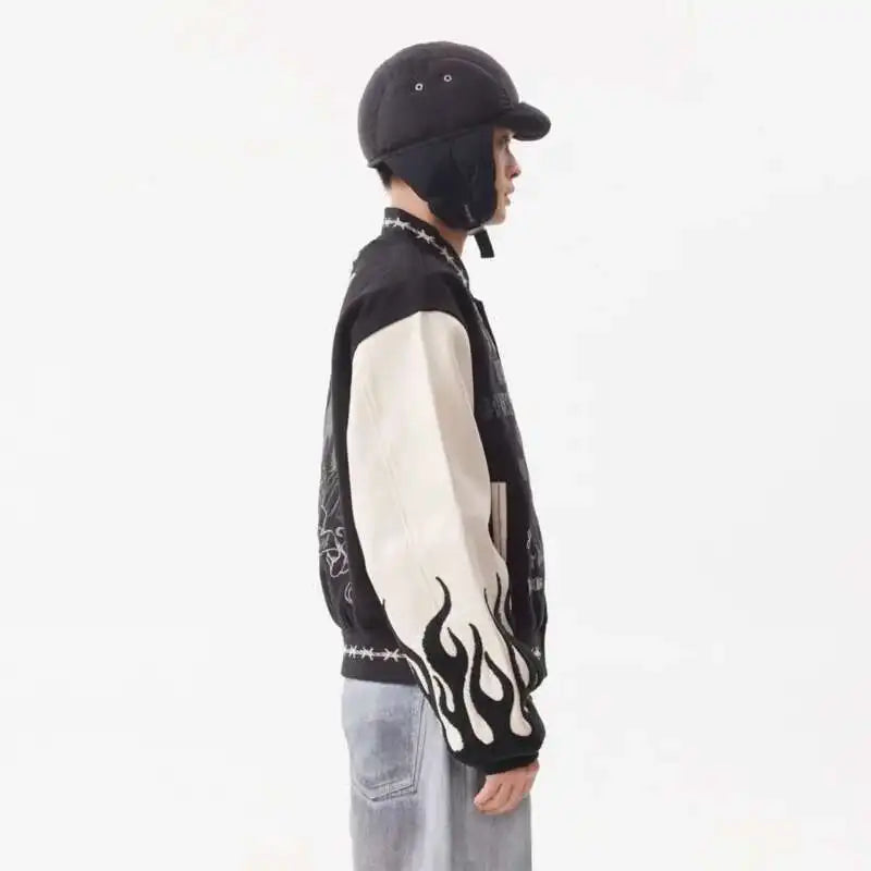 Flame Mixed Knit Embroidery Colorblock Jacket