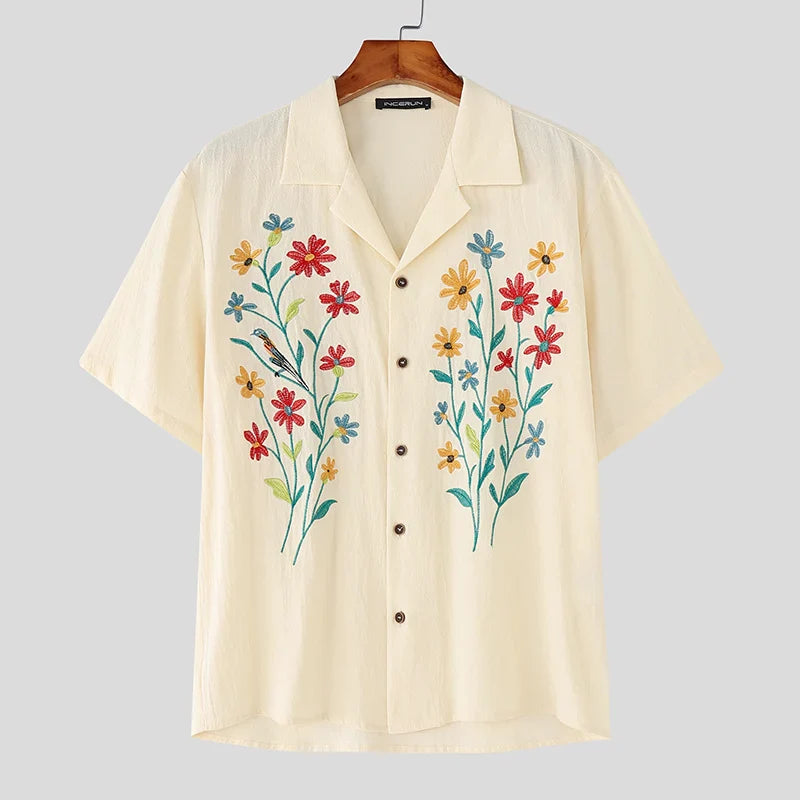 Flower Embroidered Lapel Casual Short Sleeve Shirt