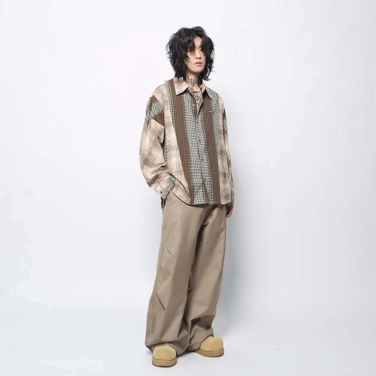 Men Flattering Colorblock Plaid Long Sleeved Shirt