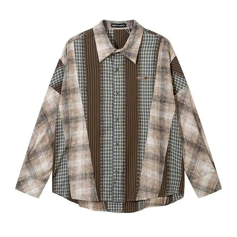 Men Flattering Colorblock Plaid Long Sleeved Shirt