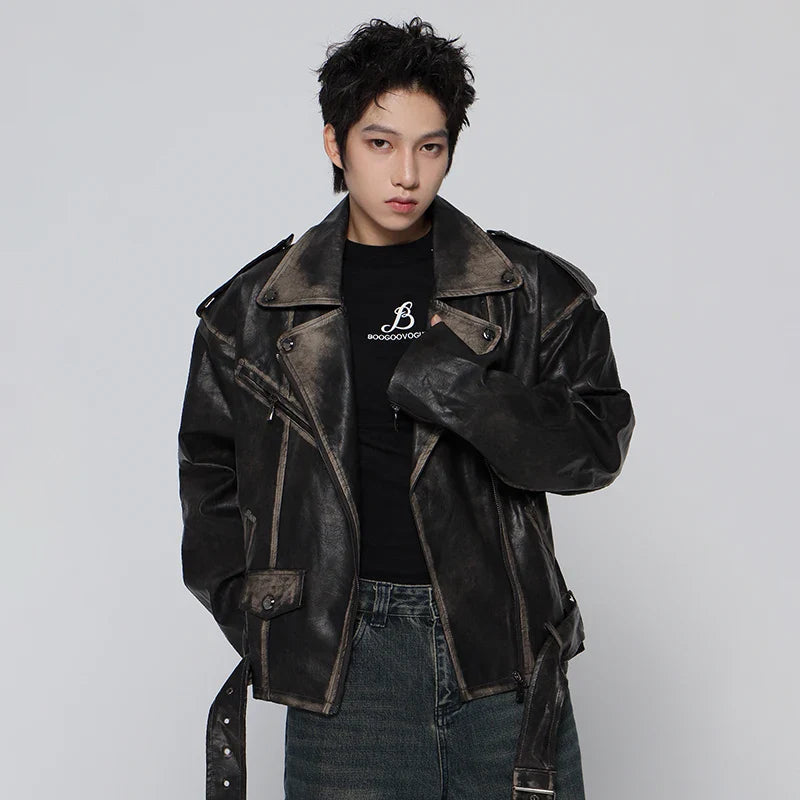 Streetwear Retro Distressed Black Leather Jacket
