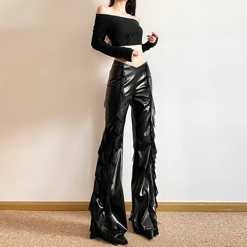 Faux Patchwork Mesh High Leather Pants