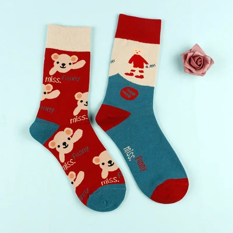 Floral Cartoon Asymmetric Compression School Socks