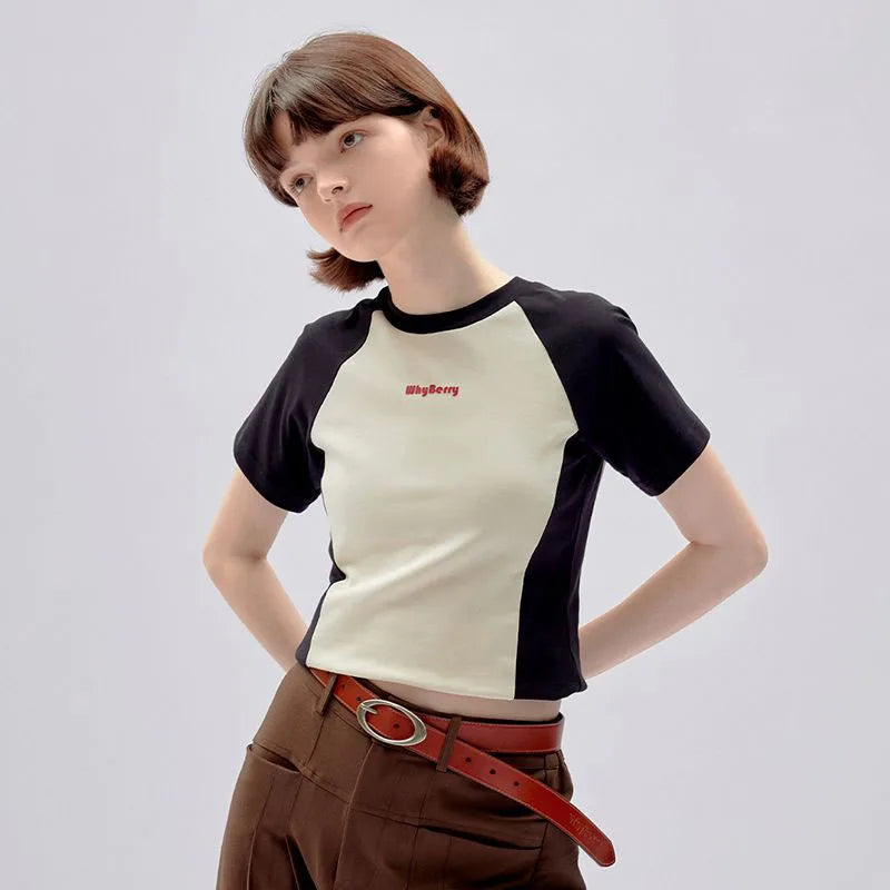 Streetwear Retro Vintage Korean Style Slim Patchwork T-Shirt