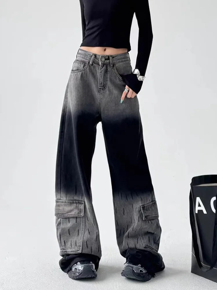 Vintage Black Grey Baggy Wide Jeans
