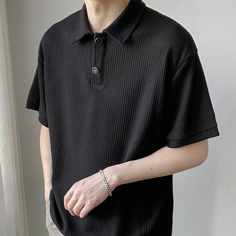 Camiseta polo clásica de color liso con botones estilo coreano
