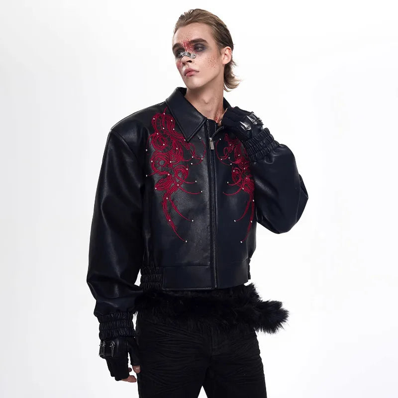 Men Premium Embroidered Patchwork Leather Jacket