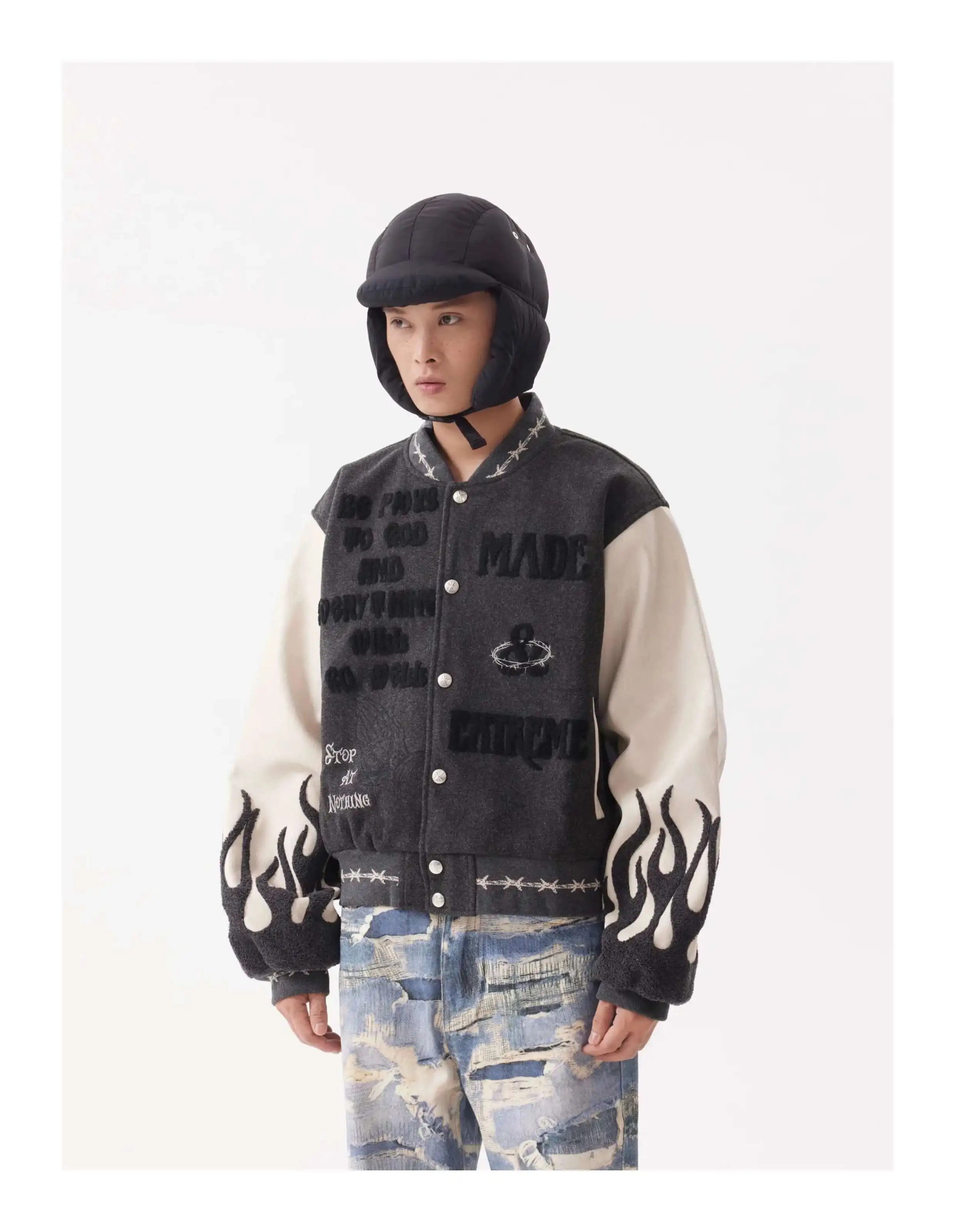 Flame Mixed Knit Embroidery Colorblock Jacket