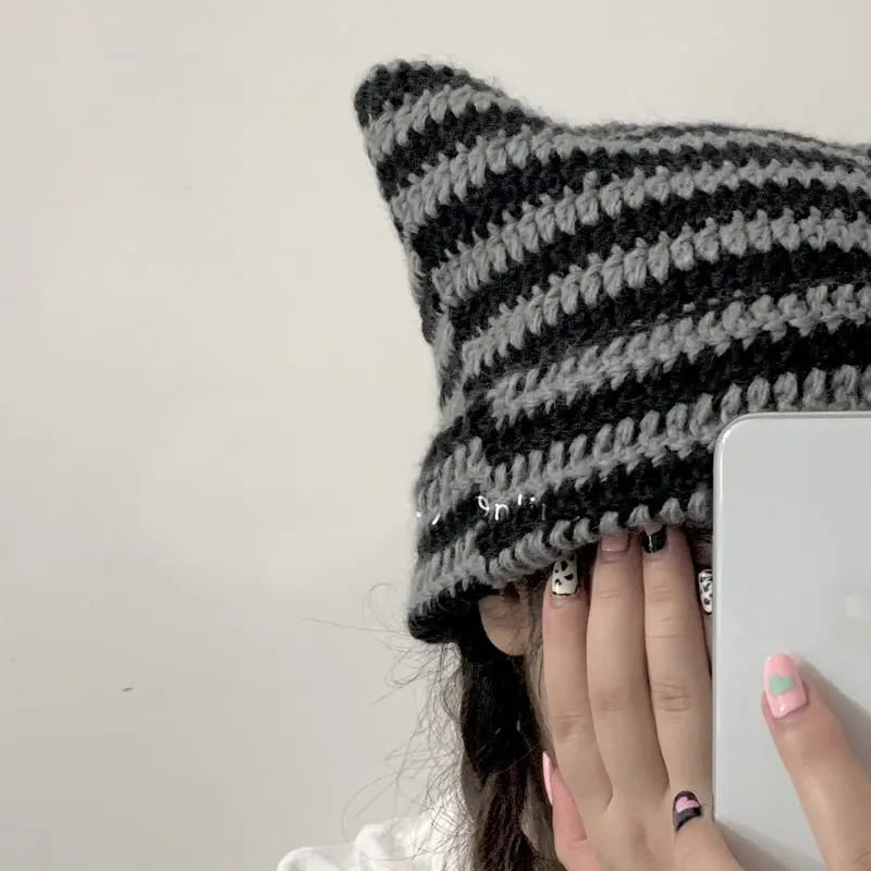 Cute Cat Ears Striped Beanie