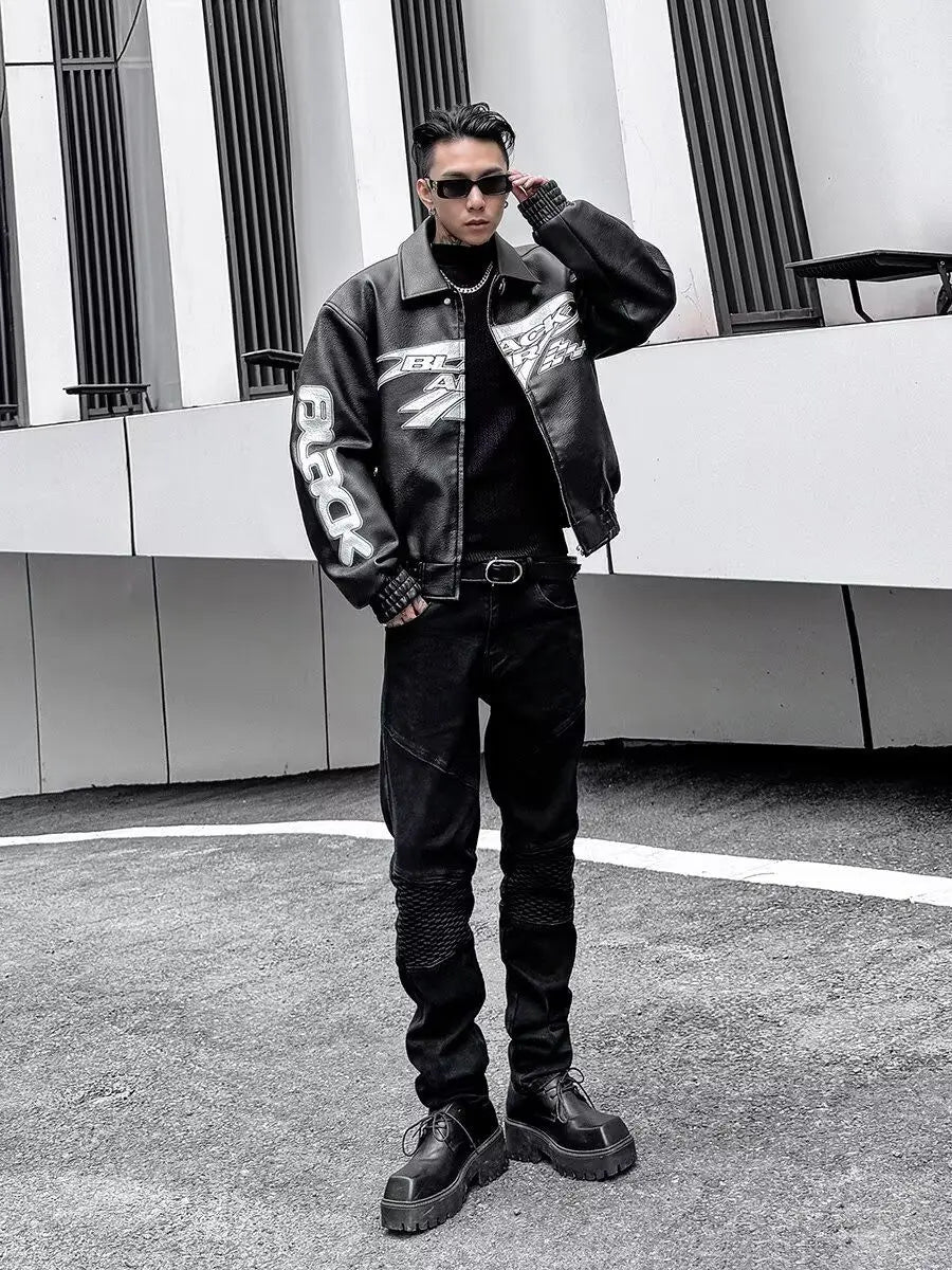 Retro Punk Embroidered Leather Motorcycle Jacket