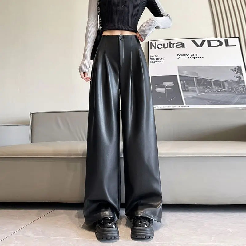 Pantalon en cuir taille haute à jambes larges