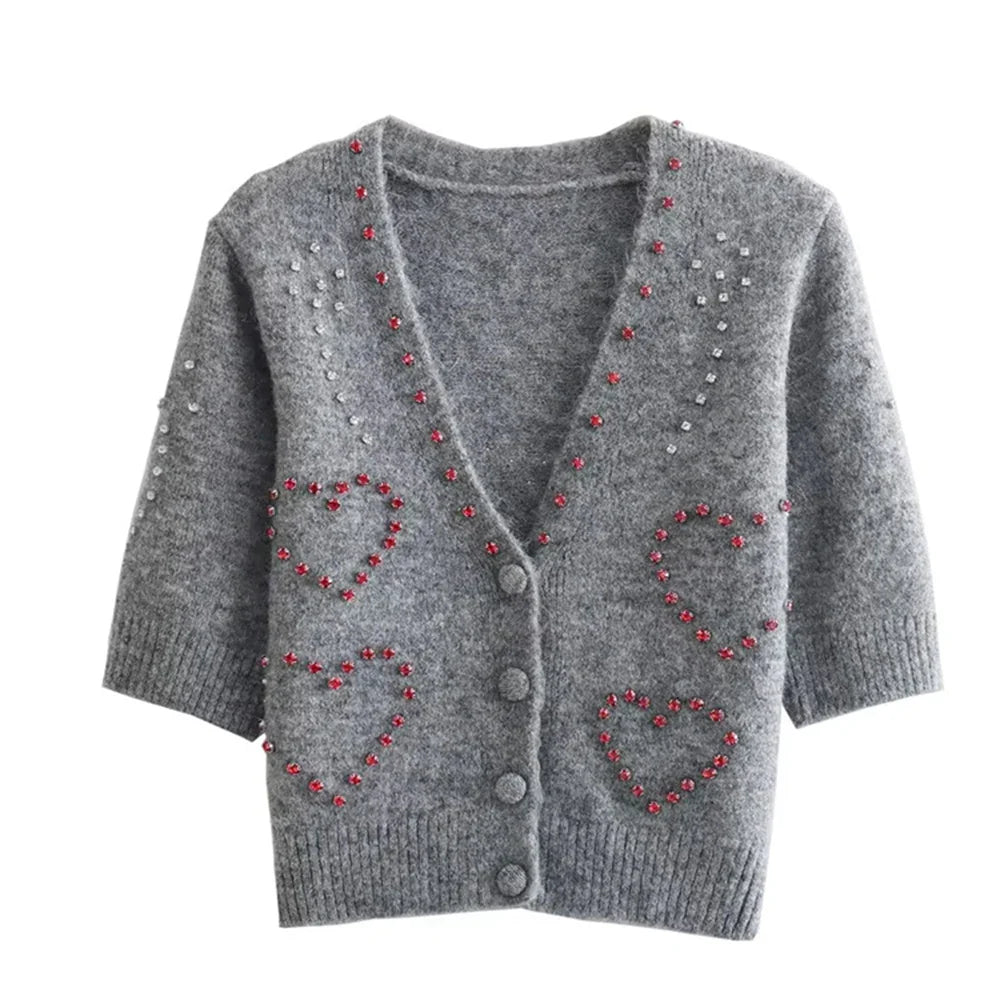 Heart Slimming V-Neck Short Sleeve Sweater