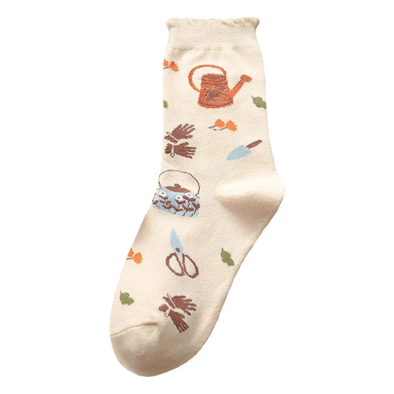 Sweet Kawaii Cartoon Print Floral Socks