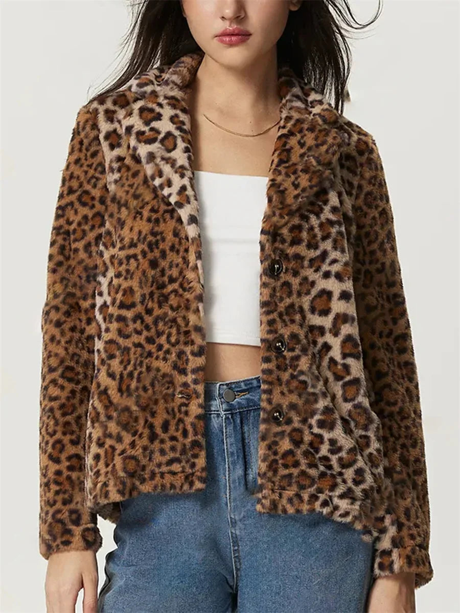 Women Leopard Print Faux Fur Jacket