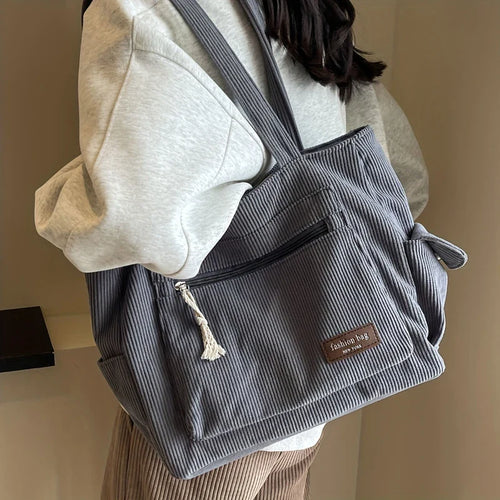 Retro Cord-Einkaufstasche mit mehreren Fächern Handtasche - Grau