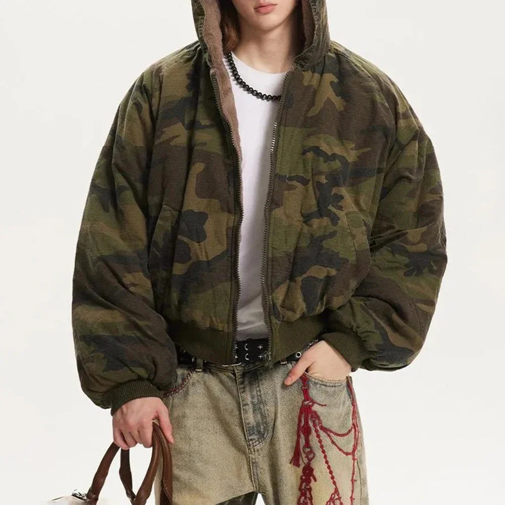 Men Camouflage Thickened Retro Hooded Winter Jacket