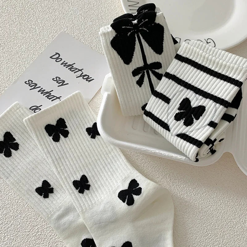 Stylish Black White Strawberry Long Socks