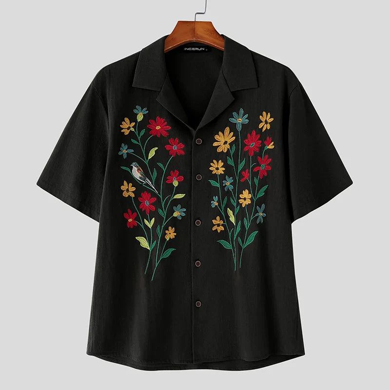 Flower Embroidered Lapel Casual Short Sleeve Shirt