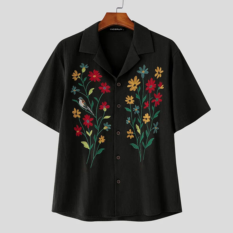 Flower Embroidered Lapel Casual Short Sleeve Shirt - MADXMARX